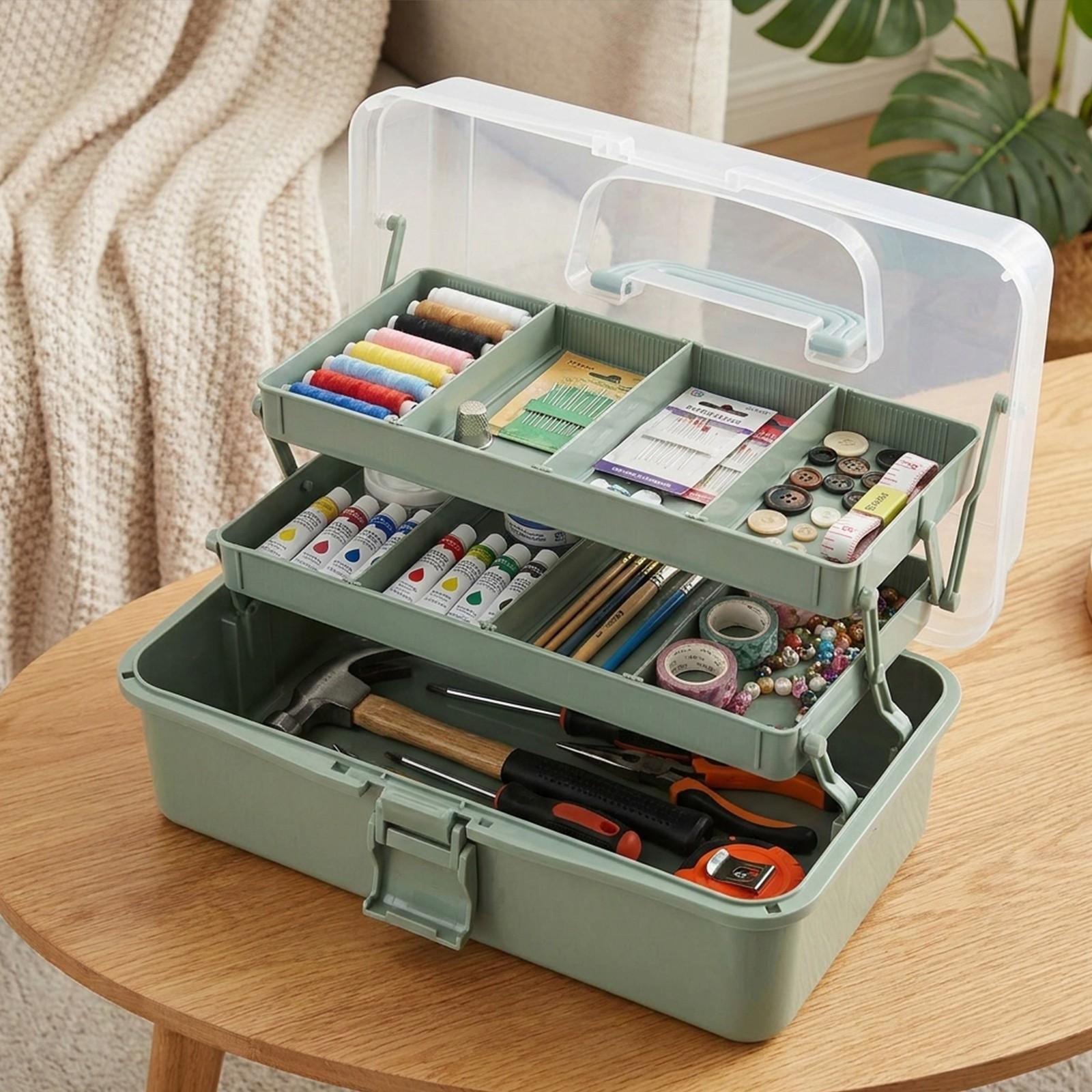 Three-layer craft storage box filled with craft supplies